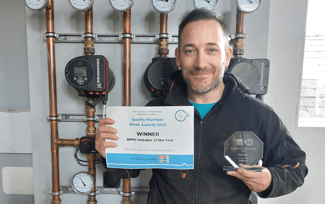 Vital Heating's very own Christ Robinson has won the prestigious 'APHC Installer of the Year 2022' award; at the Quality Plumber Week Awards, which are sponsored by Wolseley.